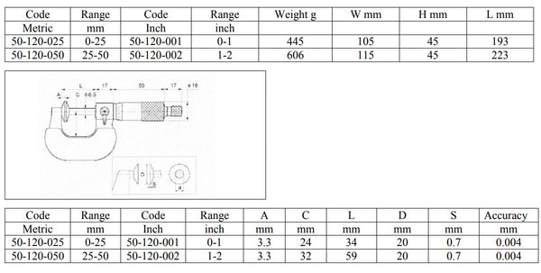 Disc Micrometers DIN 863 - 0-25mm/0-1" ; 25-50mm/1-2" Resolution: Metric 0.01mm, Inch 0.0001”
