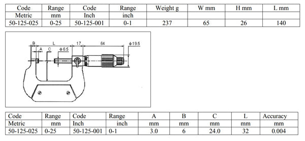 Special Ratchet Barrel Micrometers DIN 863 0-25mm/0-1" Resolution: Metric 0.01mm, Inch 0.0001”