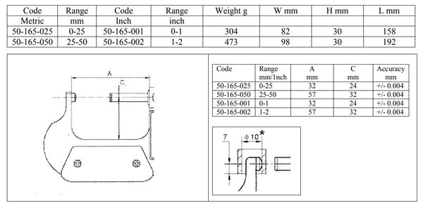 Ball Anvil Micrometers DIN 863 - 0-25mm/0-1" ; 25-50mm/1-2" Resolution: Metric 0.01mm, Inch 0.0001”