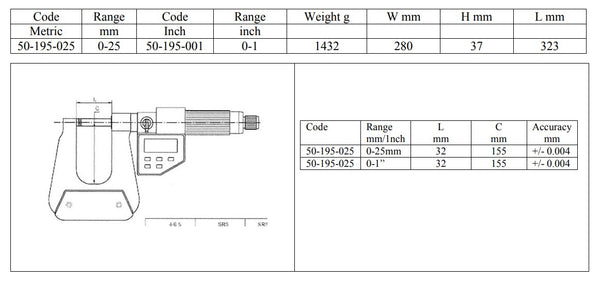 Deep Throat Micrometers DIN 863 - 0-25mm/0-1" Resolution: Metric 0.01mm, Inch 0.0001” Throat Depth: 150mm