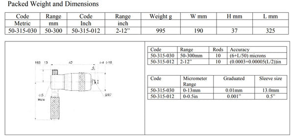 Verlängerungsstab-Innenmikrometer 50–300 mm/2–12 Zoll Auflösung: metrisch 0,01 mm, Zoll 0,001 Zoll