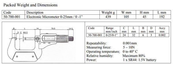 Digital Micrometer IP54 Splash Proof DIN 863, 0-25mm.-1", Resolution: 0.001mm/0.00005"
