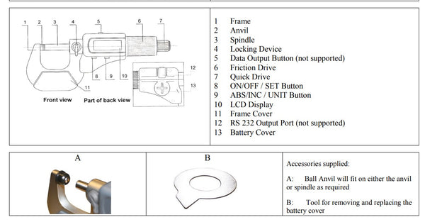 Digital Micrometer IP54 Splash Proof DIN 863, 0-25mm.-1", Resolution: 0.001mm/0.00005"