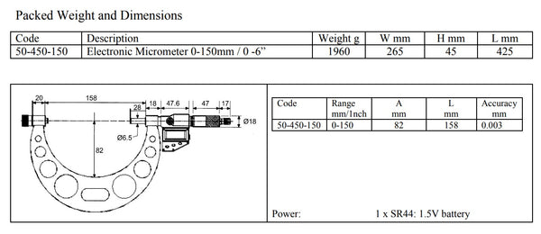Digital Interchangeable Anvil Micrometer IP54 Splash Proof DIN 863, 0-150mm/0-6", Resolution: 0.001mm/0.00005"