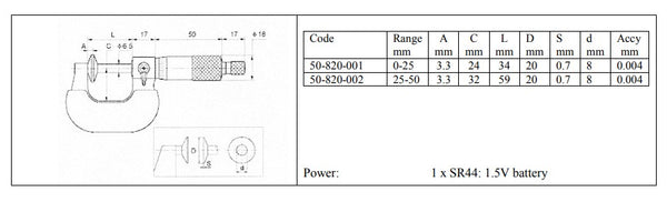 Digital Disc Micrometers IP54 Splash Proof DIN 863, 0-25mm/0-1" ; 25-50mm/1-2" Resolution: 0.001mm/0.00005"