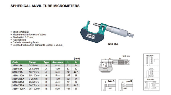 Spherical Anvil Tube Micrometer | Insize 3260 Series | Range 0-25mm | 25-50mm | 50-75mm | 75-100mm | DIN863-3 | Graduation 0.01mm