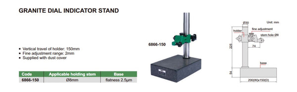 Granite Dial Indicator Stand with Fine Adjustment | Insize 6866 Series | Travel 150mm | Flatness 2.5micron