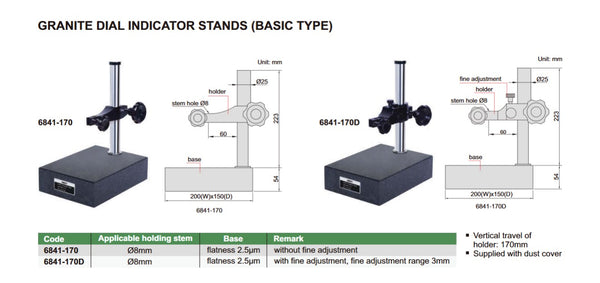 Granite Dial Indicator Stand (Basic Type) | Insize 6841 Series | Travel 170mm | | 8mm Stem Holder Diameter | Flatness 2.5micron