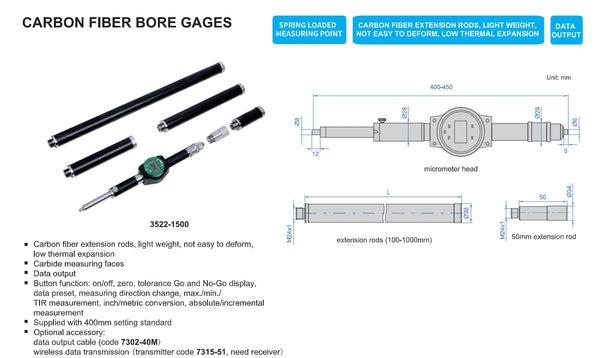 Carbon Fibre Tubular Bore Gauges | Insize 3522 Series | Ranges from 400mm-6400mm | Resolution 0.001mm/0.00005"