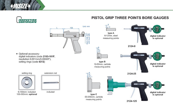Pistol Grip Three Point Bore Gauge Sets | Insize 2124 Series | 6-12mm | 12-20mm | 20-50mm | 50-100mm