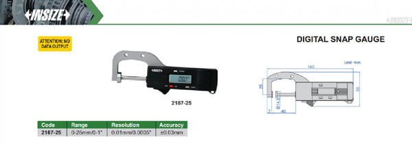 Digital Snap Gauge | Insize 2167 Series | Range 0-25mm/0-1”