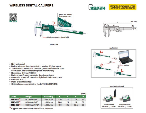 Insize 1113 Series Wireless Digital Caliper | 0-150mm/0-6" ; 0-200mm/0-8"; 0-300mm/0-12" (with or without Thumb Roller)