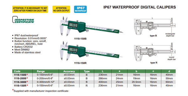Insize 1118 Series IP67 Waterproof Digital Caliper | 0-150mm/0-6" ; 0-200mm/0-8"; 0-300mm/0-12"