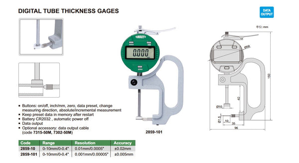 Digital Tube Thickness Gauge | Insize 2859 Series | Range 0-10mm/0-0.4" | Resolution 0.01mm/0.0005" or 0.001mm/0.00005"
