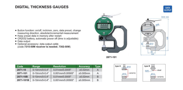 Digital Thickness Gauge | Insize 2871 Series | Range 0-10mm/0-0.4" | Resolution 0.01mm/0.0005" or 0.001mm/0.00005"