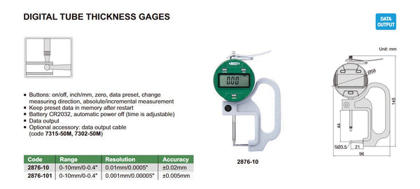 Digital Tube Thickness Gauge | Insize 2876 Series | Range 0-10mm/0-0.4" | Resolution 0.01mm/0.0005" or 0.001mm/0.00005"