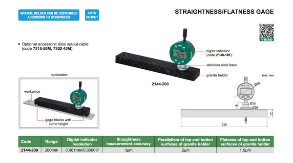 Straightness/Flatness Gauge | Insize 2144 Series | Range 200mm
