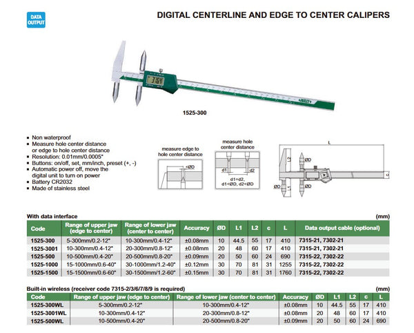 Insize 1525 Series Digital Centreline and Edge to Edge Caliper for measuring hole centre distance or edge to hole centre distance | 5-300mm/0.2-12" | 10-500mm/0.4-20" | 15-1000mm/0.6-40" | 15-1500mm/0.6-60"