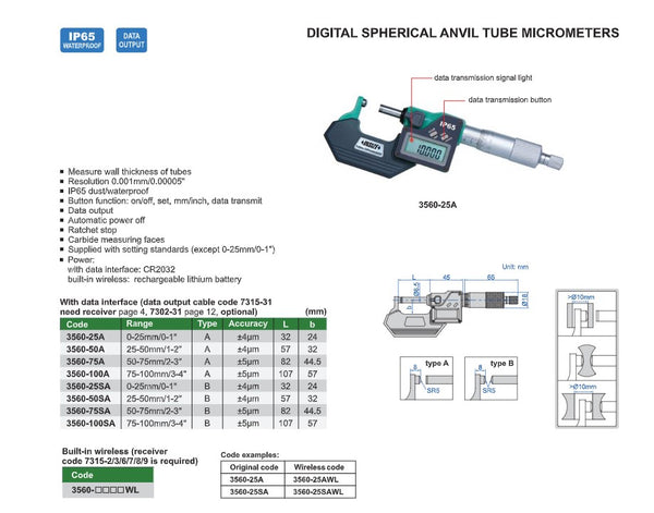 Digital Spherical Anvil Tube Micrometer | Insize 3560 Series | Range 0-25mm | 25-50mm | 50-75mm | 75-100mm | Resolution 0.001mm/0.0005"