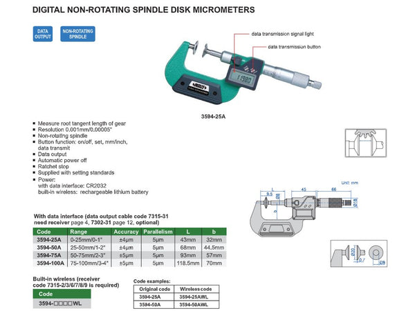 Digital Non-Rotating Spindle Disk Micrometer | Insize 3594 Series | Range 0-25mm | 25-50mm | 50-75mm | 75-100mm | Resolution 0.001mm/0.0005"