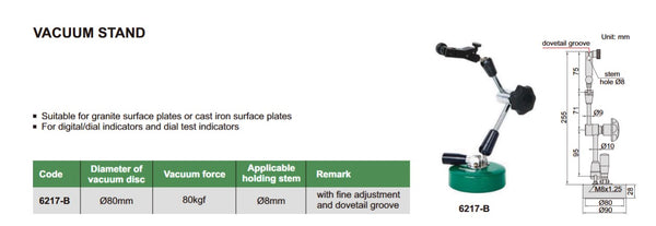 Vacuum Dial Indicator Stand with Fine Adjustment & Dovetail Groove | Insize 6217 Series | 80kgf Vacuum Force