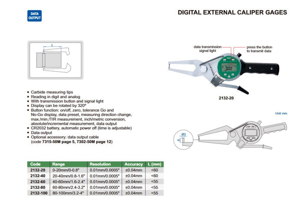 Digital External Caliper Gauge | Insize 2132 Series | Range 0-20mm/0-0.8" | 20-40mm/0.8"-1.6" | 40-60mm/1.6-2.4" | 60-80mm/2.4-3.2" | 80-100mm/3.2-4" | Resolution 0.01mm/0.0005"