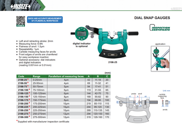Dial Snap Gauges | Insize 2186 Series | Range 0-25mm | 25-50mm | 50-75mm | 75-100mm