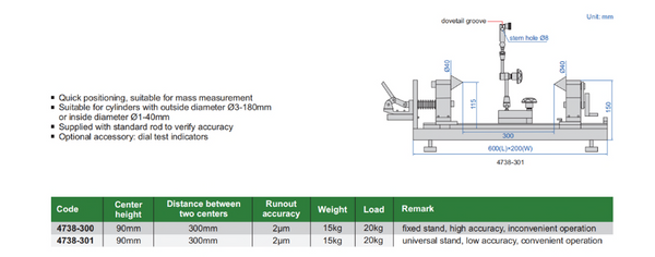 Measuring Bench Centers for cylinder measurement with outside diameter 3-180mm or inside diameter 1-40mm | Insize 4738 Series | 150mm Center Distance