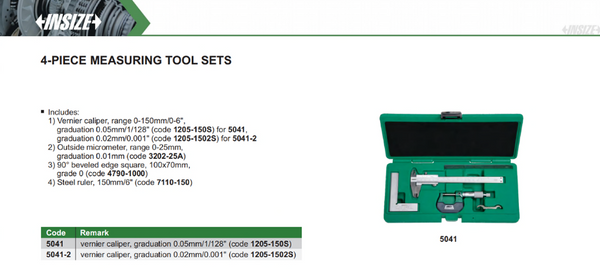 4-Piece Measuring Tool Set | Insize 5041 Series | Vernier Caliper, Outside Micrometer, Measuring Square & Steel Rule