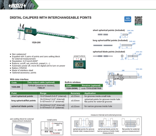Digital Caliper with Interchangeable Points | Insize 1526-200 | Range 12-224mm/0.5-8.8" (Internal) ; 0-187mm/0-7.5"(External) | Resolution