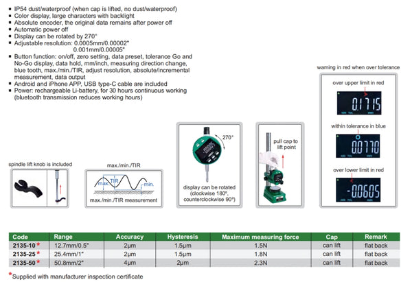Bluetooth High Precision Digital Indicators | Insize 2135 | Range: 12.7mm/0.5" | 25.4mm/1" | 50.8mm/2" | Adjustable Resolution 0.0005mm/0.00002”, 0.001mm/0.00005” | Rotated by 270(degrees)