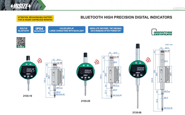 Bluetooth High Precision Digital Indicators | Insize 2135 | Range: 12.7mm/0.5" | 25.4mm/1" | 50.8mm/2" | Adjustable Resolution 0.0005mm/0.00002”, 0.001mm/0.00005” | Rotated by 270(degrees)