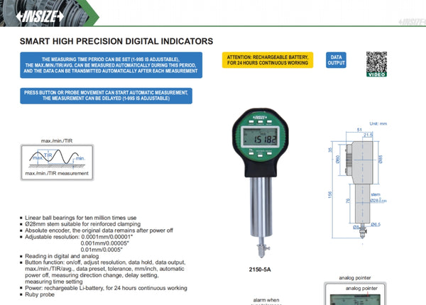 Smart High Precision Digital Indicator | Insize 2150 | Range 0-5mm/0-0.2" | Adjustable Resolution: Accuracy 0.005mm  |