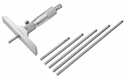 Tiefenmessschrauben DIN 863 – 0–25 mm/0–1 Zoll; 0–100 mm/0–4 Zoll; 0–150 mm/0–6 Zoll Auflösung: Metrisch 0,01 mm; Imperial 0,001 Zoll