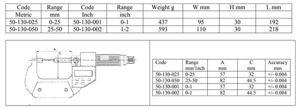 Spline Micrometers DIN 863 - 0-25mm/0-1" ; 25-50mm/1-2" Resolution: Metric 0.01mm, Inch 0.0001”