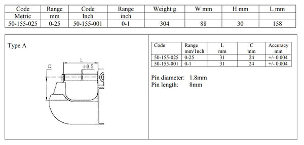 Tube Micrometers Pin Anvil (Type A) DIN 863 - 0-25mm/0-1" Resolution: Metric 0.01mm, Inch 0.0001”