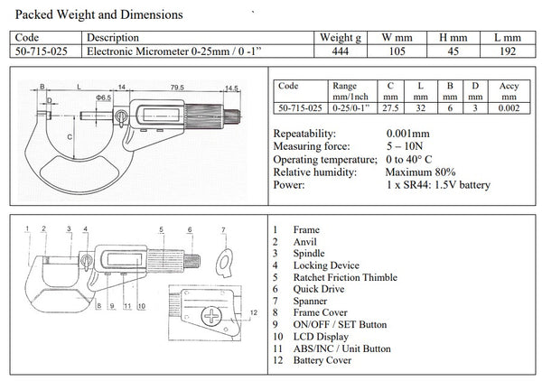 Digital Micrometer IP40 DIN 863, 0-25mm.-1", Resolution: 0.001mm/0.00005"