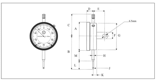 Tłokowe wskaźniki zegarowe | Zakres 5mm/0,25" | Tarcza tarczy 40mm/1,58" | Rozdzielczość 0,01 mm/0,001 cala