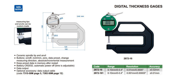 Digital Thickness Gauge | Insize 2872 Series | Range 0-10mm/0-0.4" | Resolution 0.01mm/0.0005" or 0.001mm/0.00005"