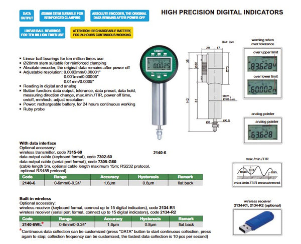 High Precision Digital  Indicator | Insize 2140 Series | Range 0-6mm/0-0.24" | Adjustable Resolution: 0.0002mm/0.00001" / 0.001mm/0.00005" / 0.01mm/0.0005"