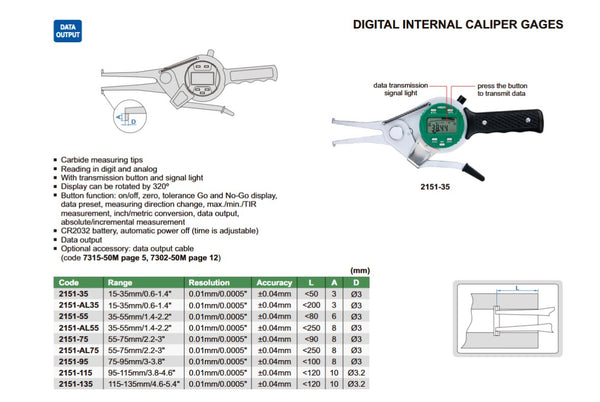 Digital Internal Caliper Gauges | Insize 2151 Series | Range 15-35mm/0.6-1.4" | 35-55mm/1.4-2.2" | 55-75mm/2.2-3" | 75-95mm/3-3.8" | 95-115mm/3.8-4.6" | 115-135mm/4.6-5.4" | Resolution 0.01mm/0.0005"