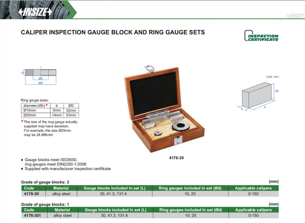 Caliper Inspection Gauge Block and Ring Set for 0-150mm Calipers | Insize 4176 Series | Grade 1 or Grade 2