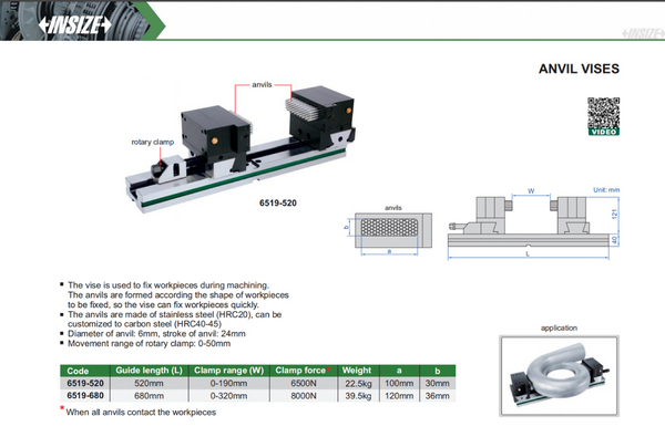 Anvil Vices | Insize 6519-520 | 520mm Length | 0-190mm Clamp Range | 6500N Force