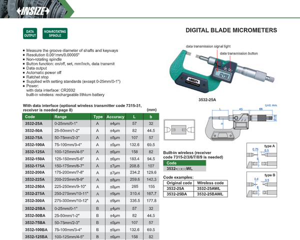 Digital Blade Micrometers | Insize 3532 Series | Ranges up to 300mm | Resolution 0.001mm/0.00005" | Ratchet Stop