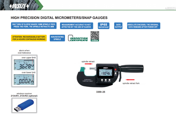 High Precision Digital Micrometer/Snap Gauge | Insize 3359-25 | Range 0-25mm/0-1" | Accuracy +/-0.5um