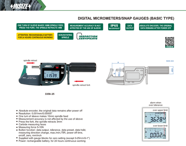 Digital Micrometer/Snap Gauge | Insize 3358 | IP65 | Digital Absolute | Range 0-25mm/0-1" | 25-50mm/1-2" | 50-75mm/2-3" | 75-100mm/3-4" | Resolution 0.001mm/0.00005"