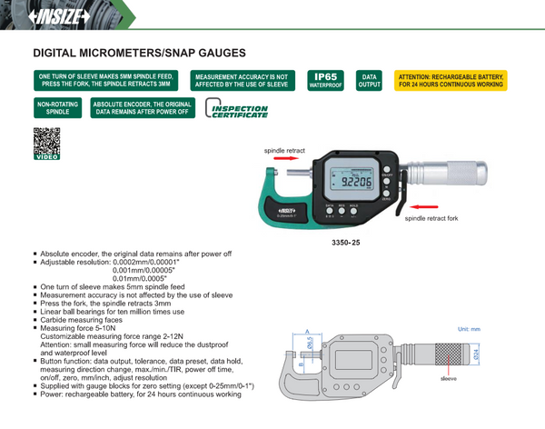 High Precision Digital Micrometers/Snap Gauges IP65 | Insize 3350 Series | Ranges from 0-100mm/3.95" | Adjustable Resolution