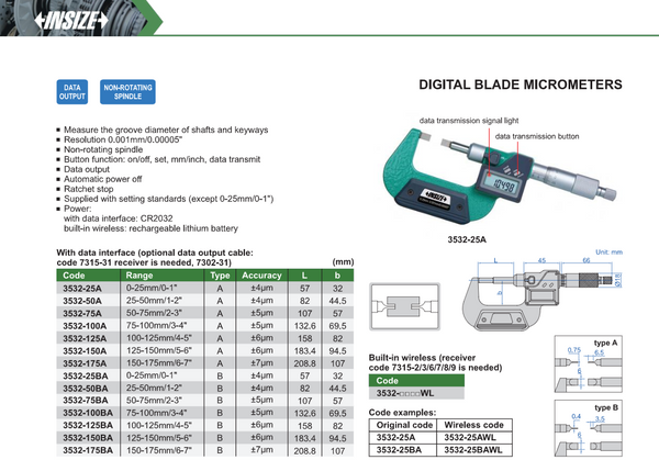 Digital Blade Micrometers | Insize 3532 Series | Ranges from 0-175mm/0-7" |