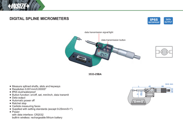 Digital Spline Micrometers IP65 | Insize 3533 Series | Ranges from 0-175mm/0-7" | Resolution 0.001mm/0.00005"