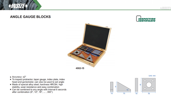 Angle Guide Block Angle Gauge Block Sets | Insize 4002 Series | Ranges from 1° to 99 ...